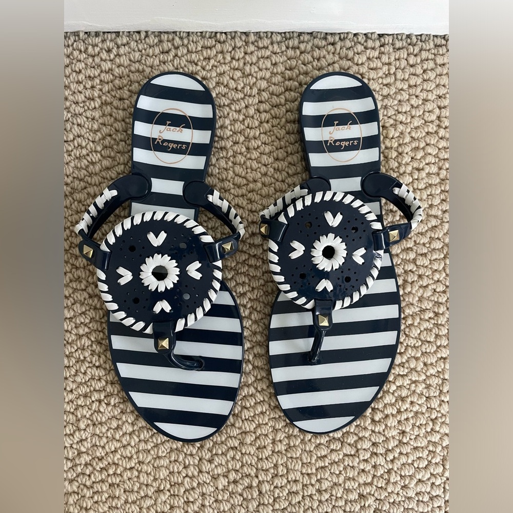 Jack Rogers Gel Jelly Sandals Navy w/ White Stripes and Stitching Women Sz 8